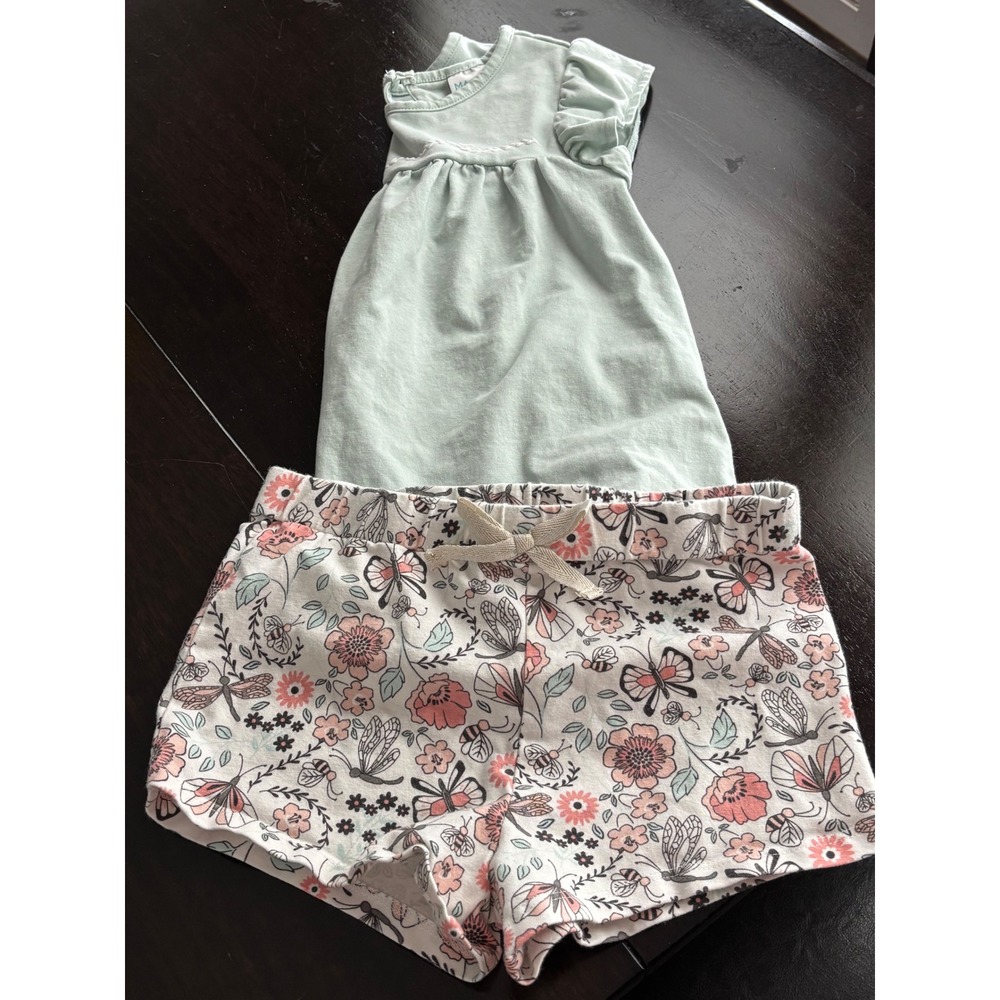 Maggie & Zoe Girls SageGreenFlutter SleeveTop and Floral Butterfly Shorts Set 5t